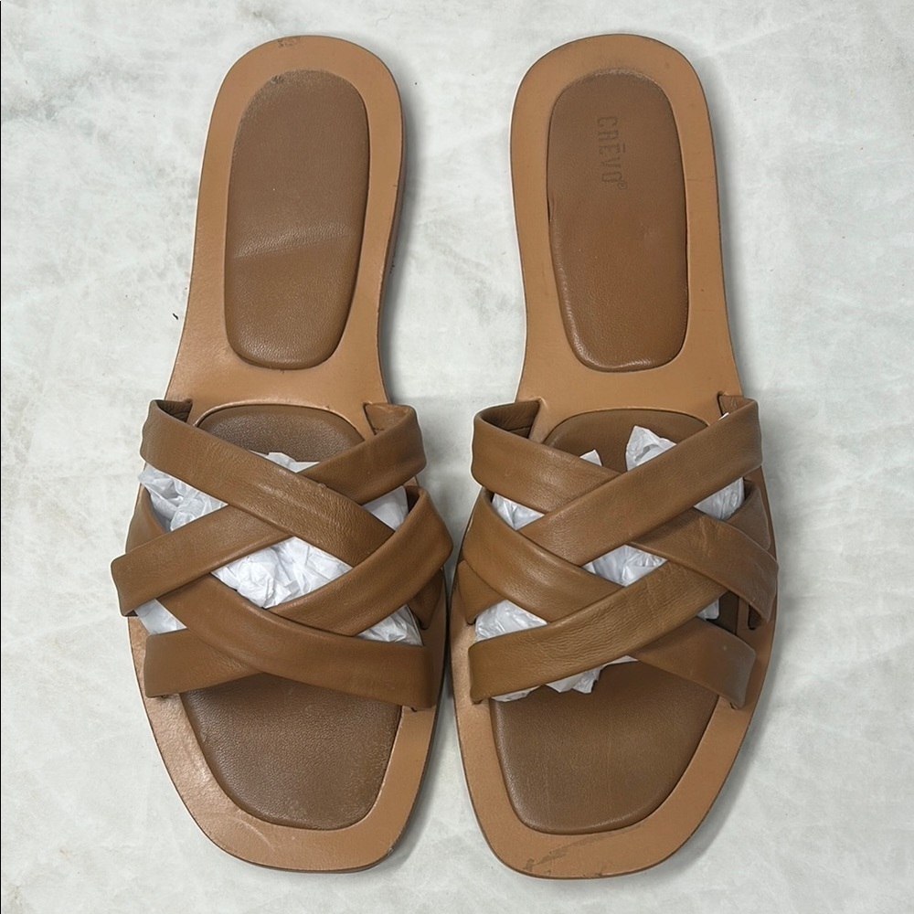 Crevo Women's Tan Chestnut Leather Slide Sandals | 12 - Picture 2 of 6